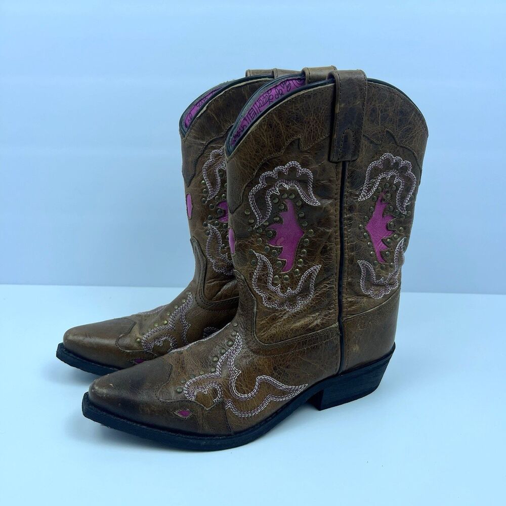 Smoky Mountain Girls Western Embroidered Leather Boots Brown Pink Youth Size 3 R
